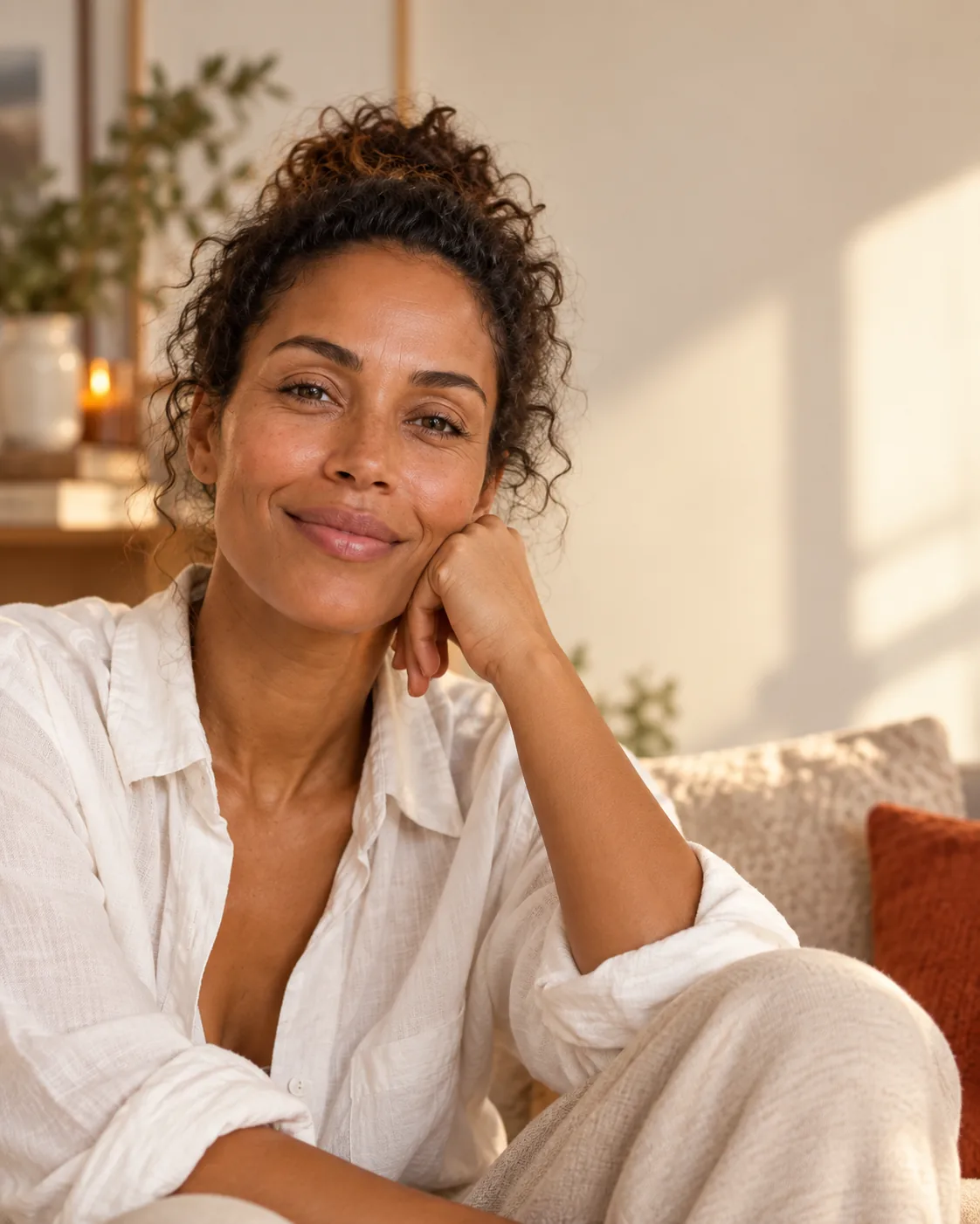 A woman in her forties at home, relaxed, with visible natural skin texture