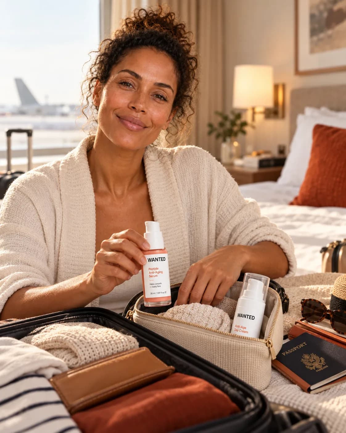 Hanna packing the WANTED duo into her carry-on in a hotel room