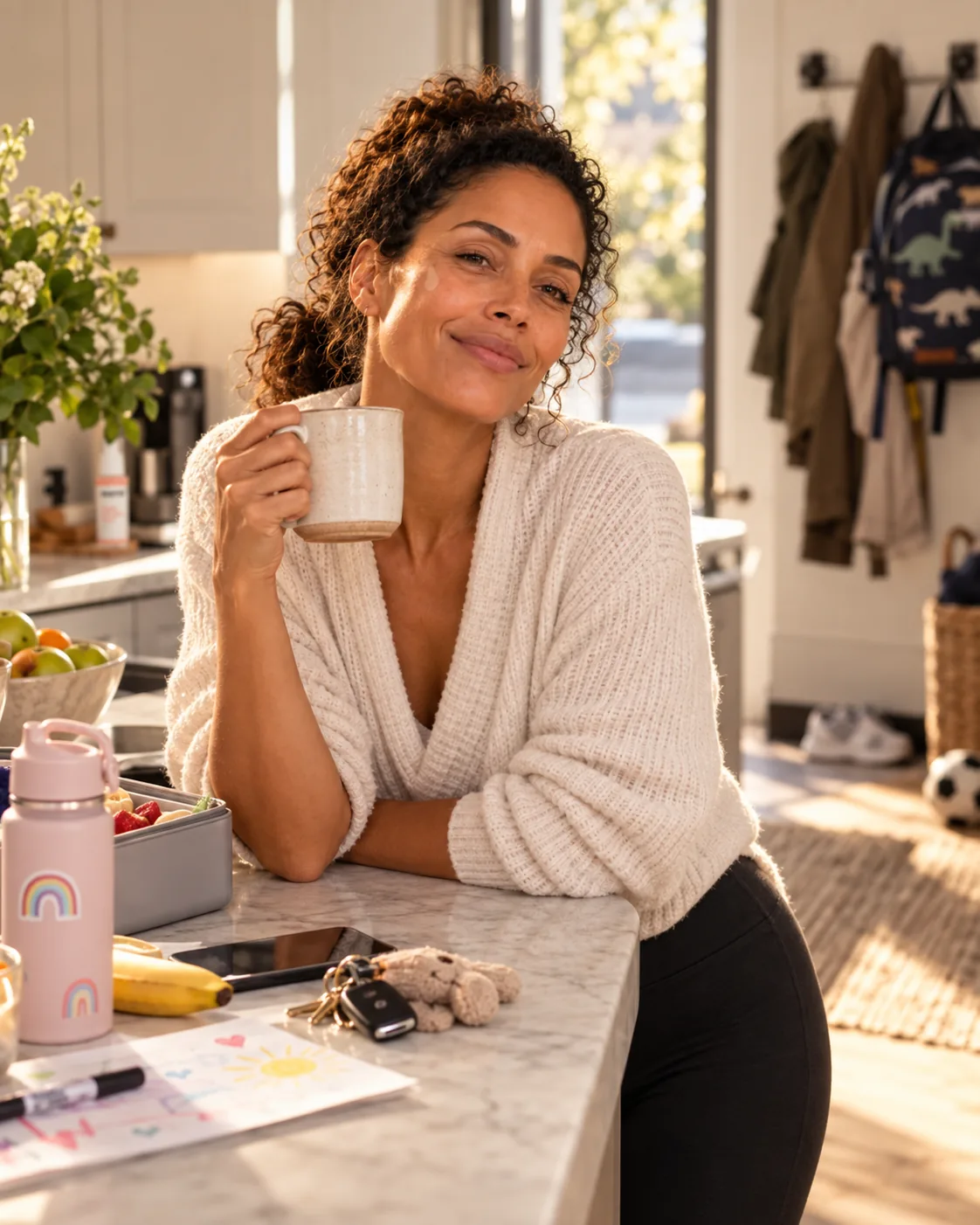 Hanna with her morning coffee in a busy family kitchen