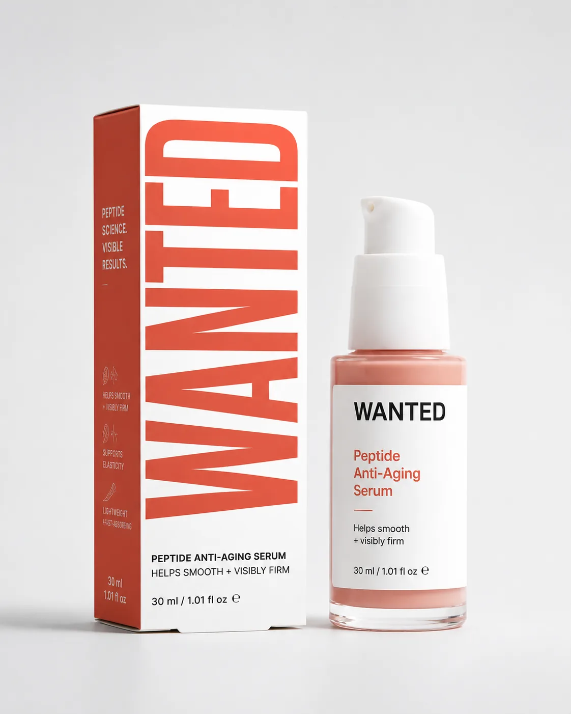 WANTED Peptide Anti-Aging Serum bottle and box