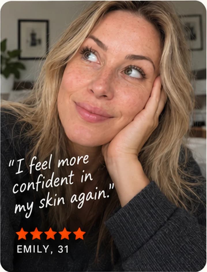Emily, 31, resting her chin on her hand at home, bare skin and freckles.